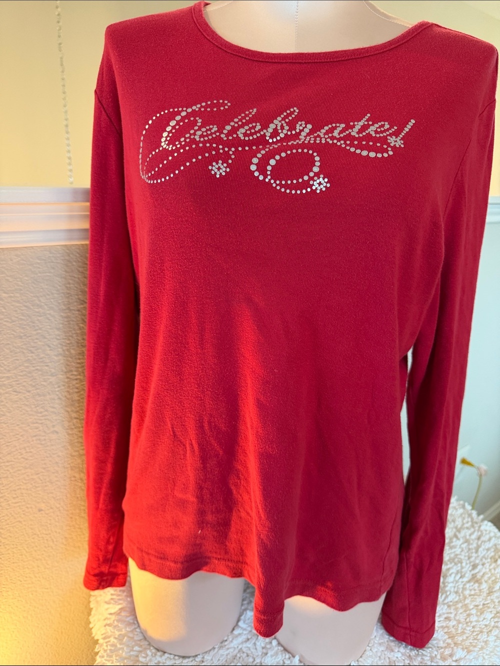 Holiday Editions Red Long-Sleeve Celebrate Top with Silver Accent
